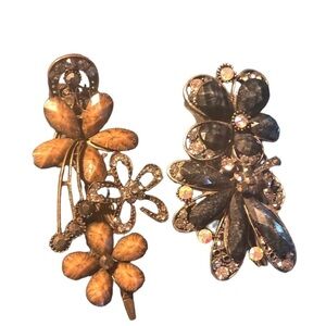 2 Rhinestone Colored Stone Metal Hair Clips Barrettes Antique Gold/Silver Fancy